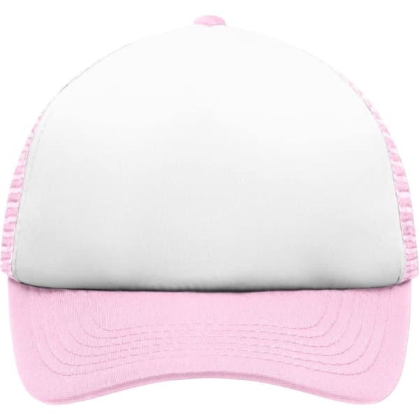 A pink and white 5-panel polyester mesh cap for kids with a solid front and mesh sides, featuring a logo.