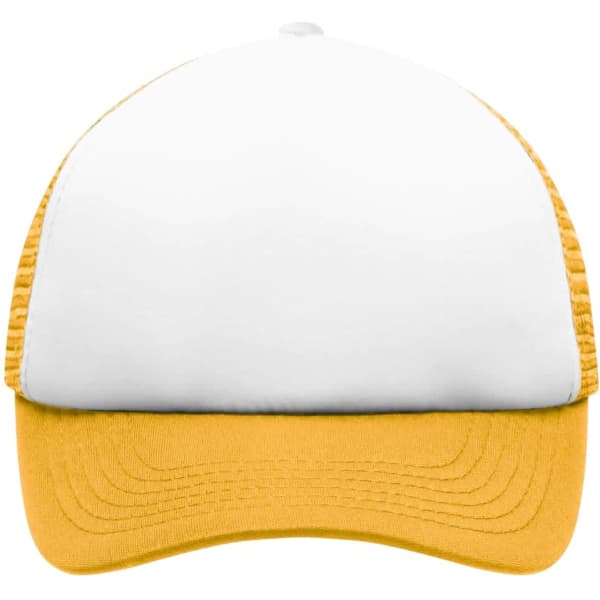 A 5-panel polyester mesh cap for kids, featuring a white front and a yellow brim, with a logo.