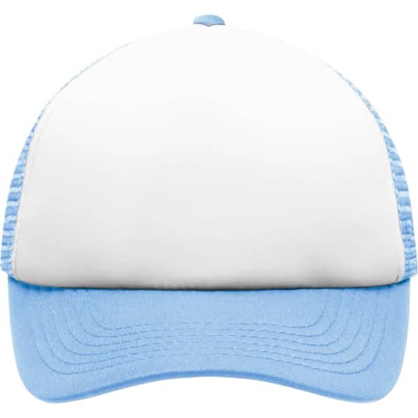 A 5-panel polyester mesh cap for kids, featuring a white front and blue brim and mesh sides. It includes a logo.