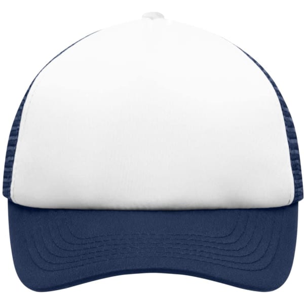 A polyester mesh cap for kids in white and navy blue, featuring a solid front and mesh sides.