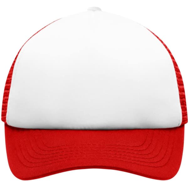A red and white 5 panel polyester mesh cap for kids, featuring a solid front and mesh back.