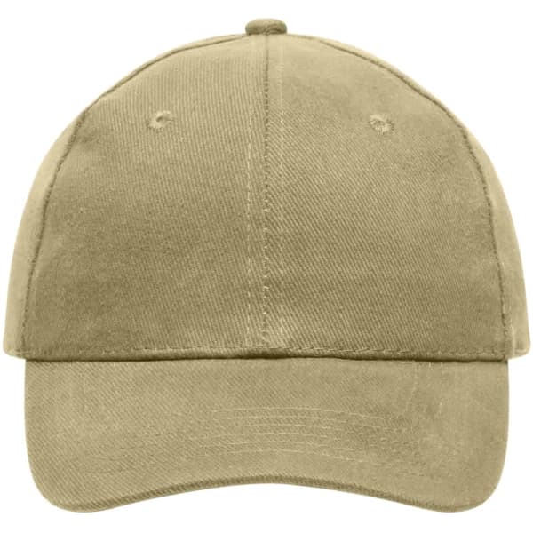 A heavy cotton, six-panel cap in a beige colour, featuring a logo on the front.