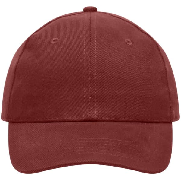 A heavy cotton, six-panel cap in a deep red colour with a logo on the front.
