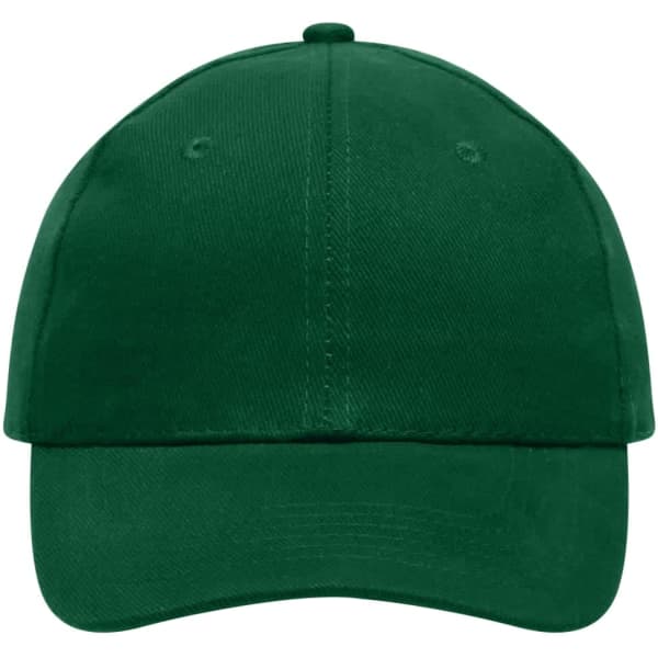 A green 6 panel cap made of heavy cotton, featuring a logo on the front.