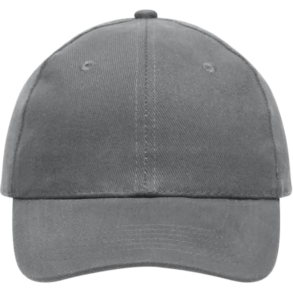 A grey heavy cotton 6 panel cap with a curved brim and a logo on the front.