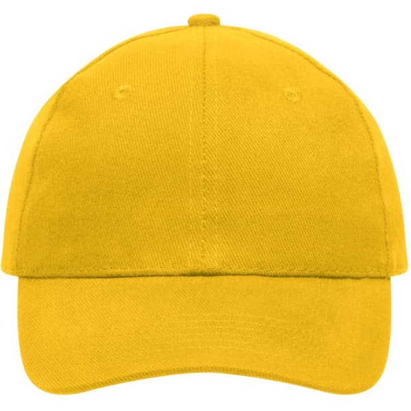 A yellow 6-panel cap made of heavy cotton, featuring a logo on the front.