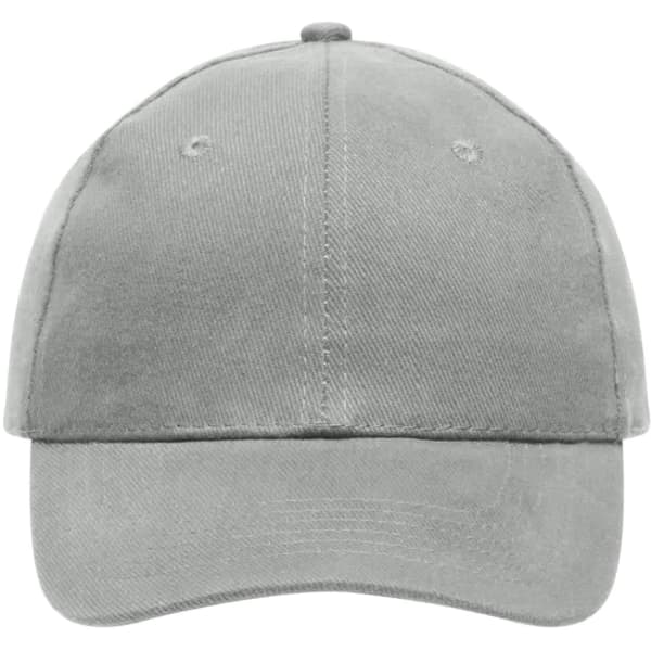 A grey 6 panel cap made of heavy cotton, featuring a branded logo on the front.