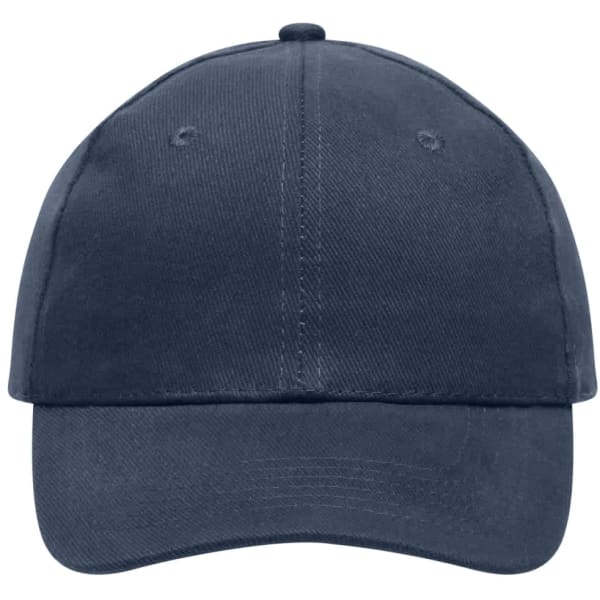 A navy 6-panel cap made of heavy cotton, featuring a logo on the front and ventilation eyelets.