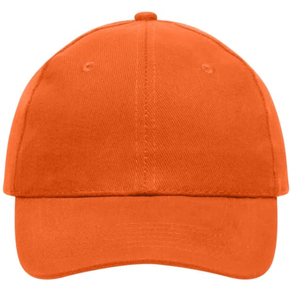 An orange 6-panel cap made of heavy cotton, featuring a logo on the front.