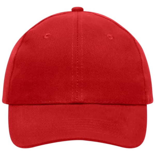 A red six-panel cap made of heavy cotton, featuring a logo on the front.