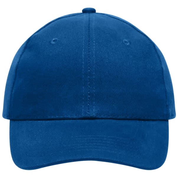 A blue heavy cotton six-panel cap featuring a curved brim and a logo on the front.