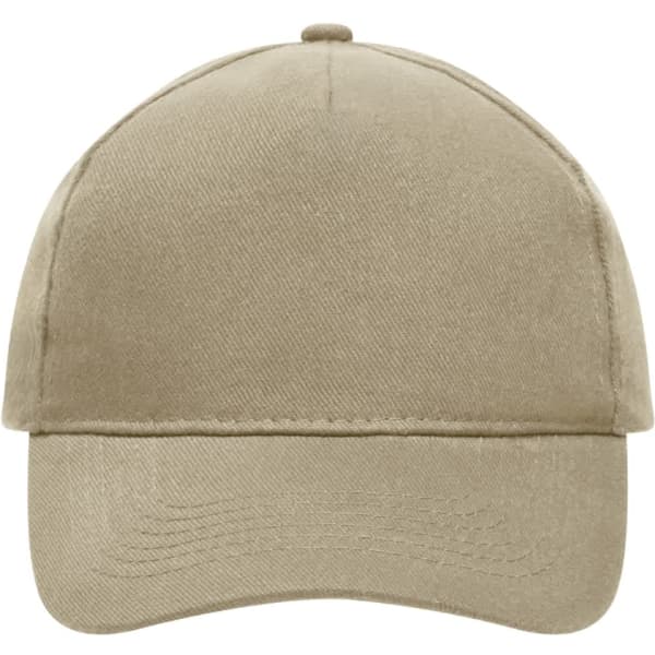 A 5-panel cap made of heavy cotton in a beige colour, featuring a logo on the front.