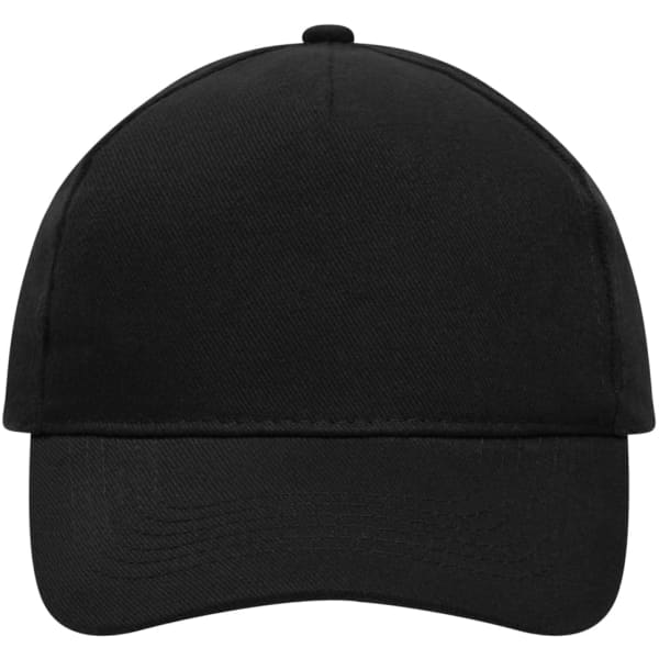A black 5-panel cap made from heavy cotton, featuring a rounded peak and a logo.