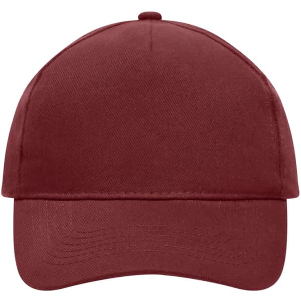 A heavy cotton 5-panel cap in a deep maroon shade, featuring a logo on the front.