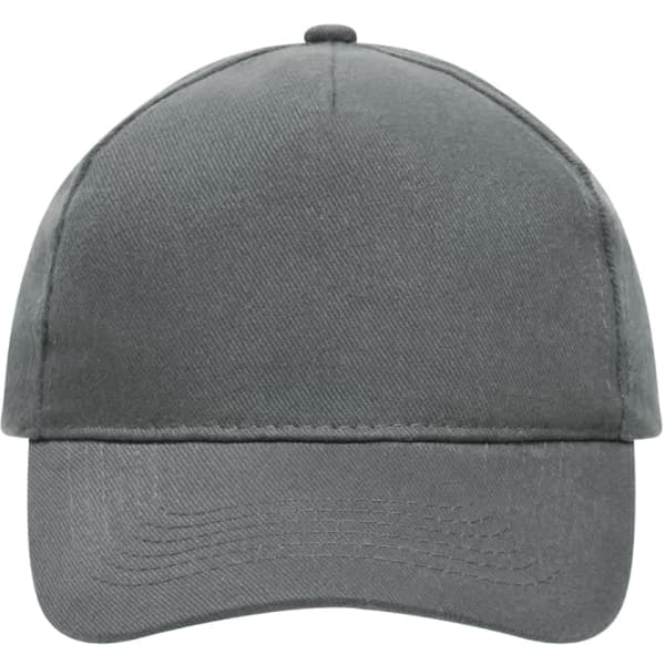 A heavy cotton, grey 5 panel cap with a curved brim and a logo on the front.