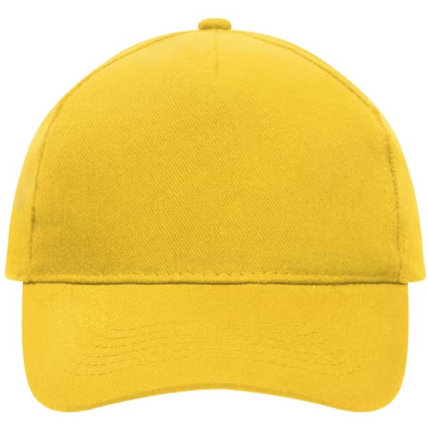 A yellow 5 panel cap made of heavy cotton, featuring a curved visor and a logo on the front.