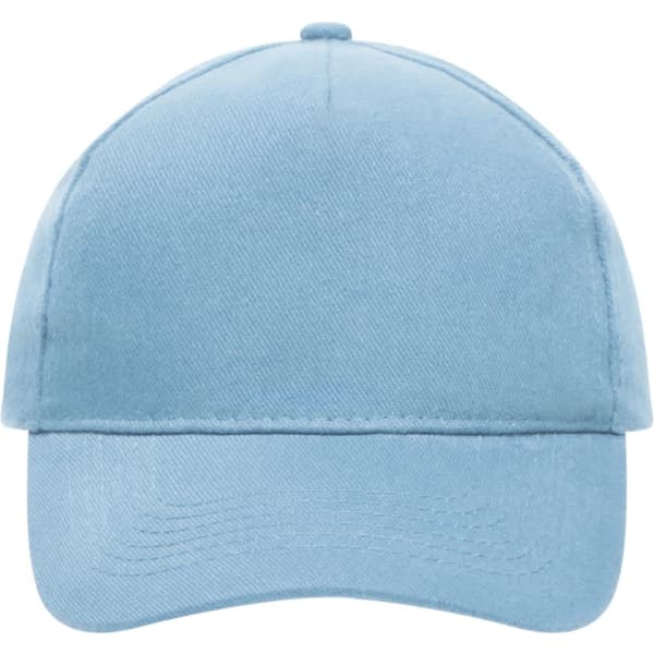 A blue 5 panel cap made of heavy cotton, featuring a curved brim and a logo on the front.