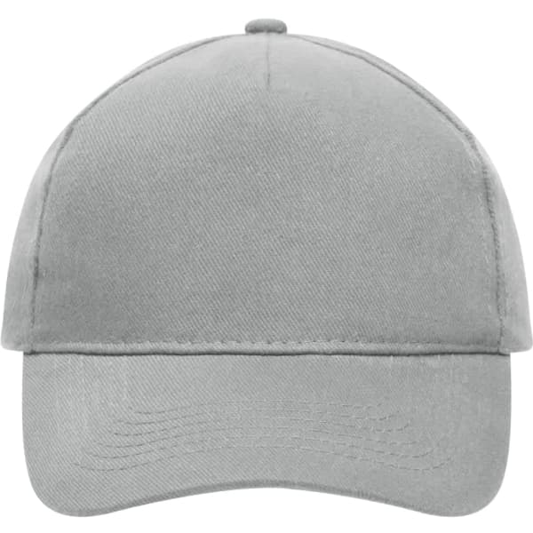 A grey 5 panel cap made from heavy cotton, featuring a logo on the front.