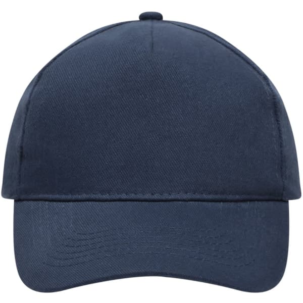 A navy blue five-panel cap made from heavy cotton, featuring a solid design and a logo.