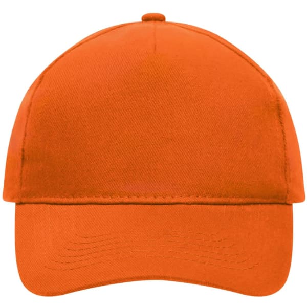An orange heavy cotton 5 panel cap featuring a front panel and a curved brim, with a logo present.