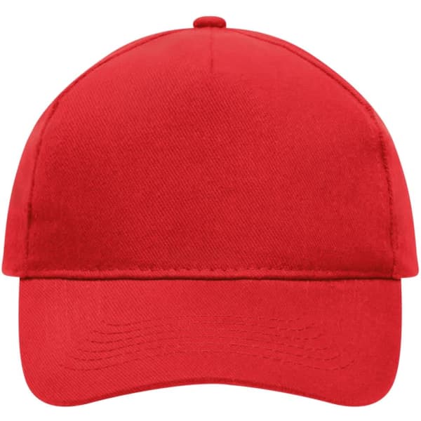 A red 5-panel cap made of heavy cotton, featuring a curved peak and a logo on the front.