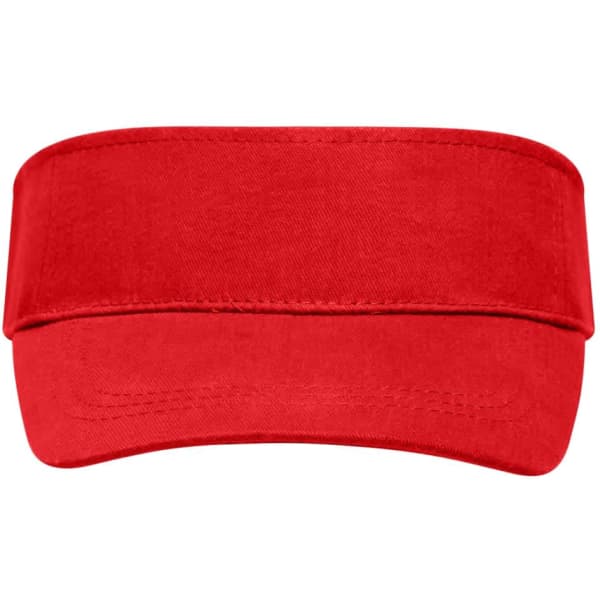 A red sun visor featuring a wide brim and a comfortable band, designed for sun protection.