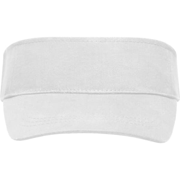 A white sun visor with a wide brim. It features a logo on the front.
