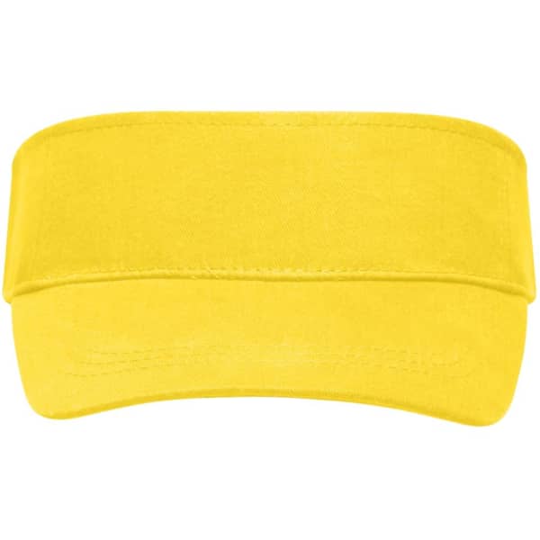 A yellow sunvisor with a wide brim and an adjustable band. Features a logo on the front.
