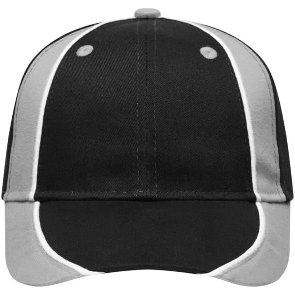 A black and grey cap with a structured design and contrasting seams, featuring a logo.