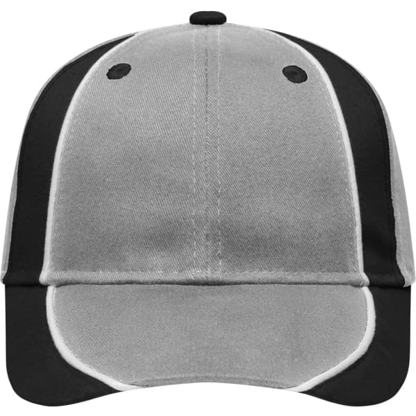 A grey and black cap featuring a logo. Designed with contrast stitching and ventilation holes.