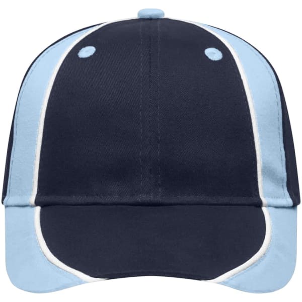 A navy and light blue cap featuring a prominent logo and contrasting stitching.