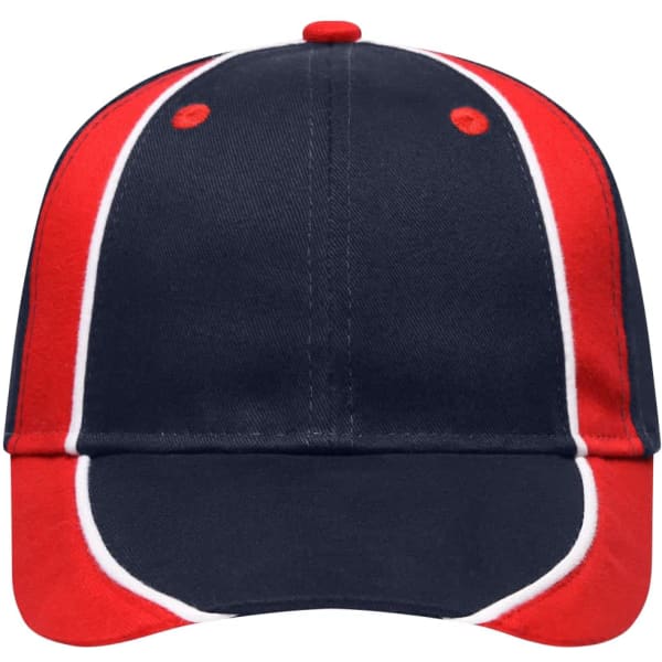 A navy blue cap with red and white accents, featuring a structured crown and curved brim. It has a logo on the front.