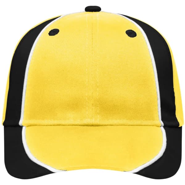 A yellow and black cap with a curved peak and a logo on the front.