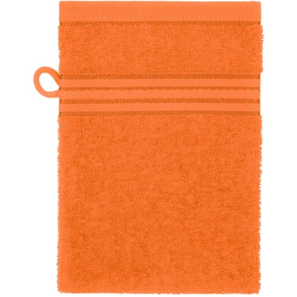 A fluffy orange towel with a loop for hanging and decorative stripes at the top. It features a simple design.