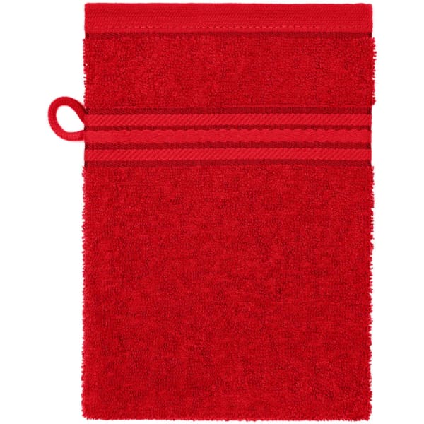 A red flannel towel with a loop and two horizontal stripes at the top. It has a soft, textured surface.