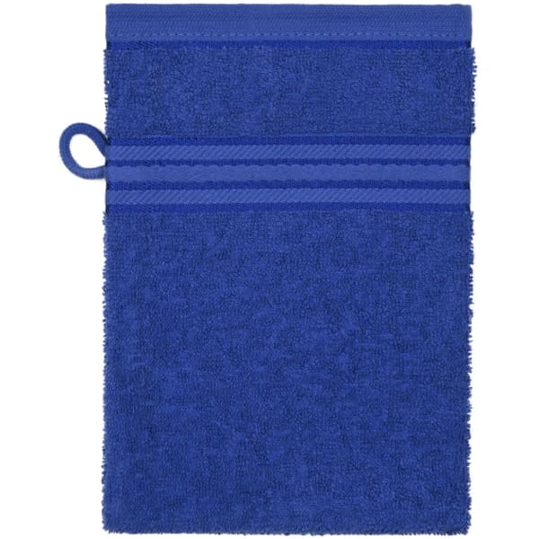 A blue flannel towel with a loop and two horizontal stripe details at the top. It has a textured finish.