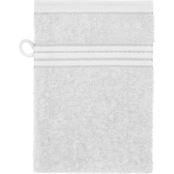 A white towel with a loop for hanging, featuring two stripe accents at the top. It has a soft, textured surface.