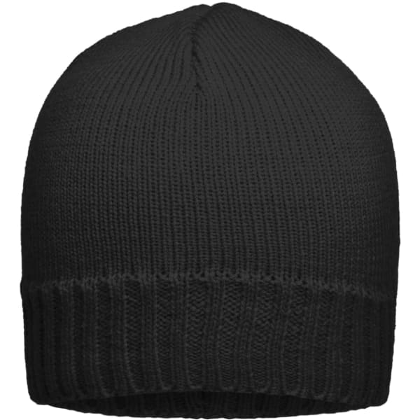 A black ribbed beanie with a fitted design and a soft texture, featuring a logo on the band.