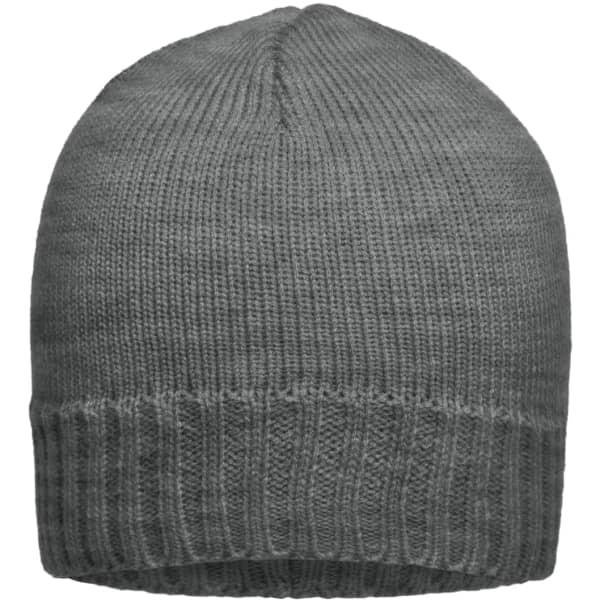 A ribbed beanie in a soft grey colour, featuring a folded cuff and a textured knit design.