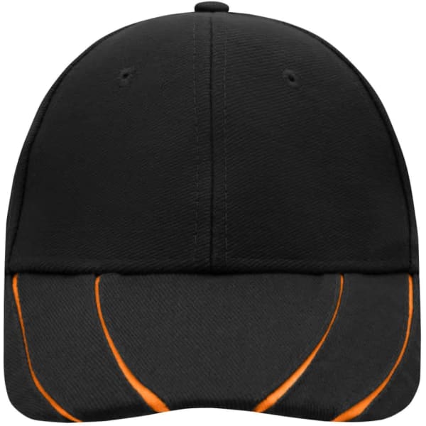 A black 6 panel cap featuring orange grooves on the brim and a logo on the front.