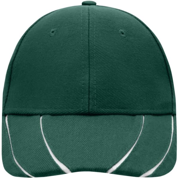 A green 6-panel cap featuring a structured design and a curved visor, with a logo on the front.