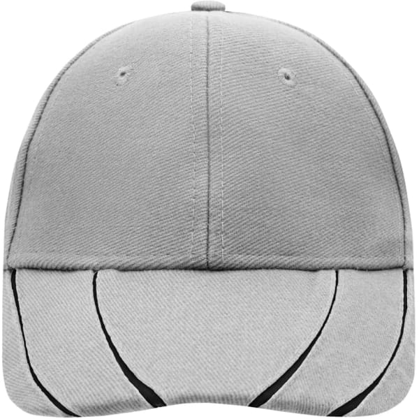 A grey 6 panel cap with a groove design on the peak and a logo on the front.