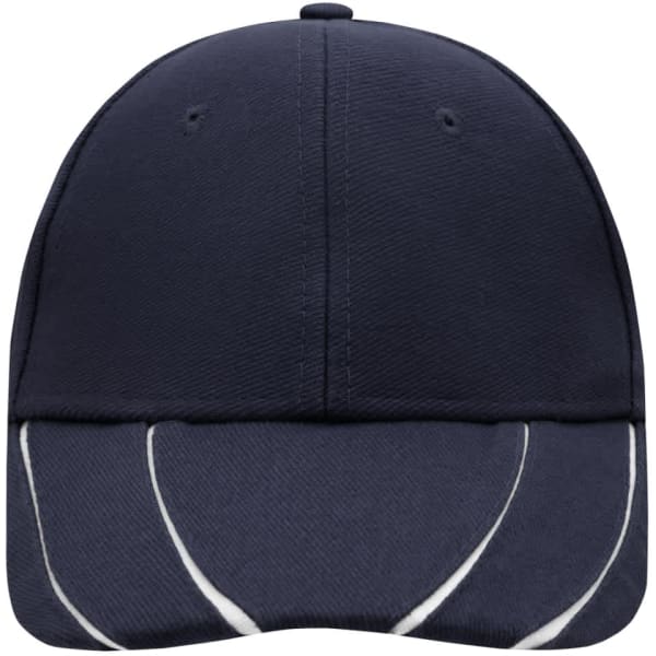 A navy six-panel cap featuring a curved brim and decorative groove design. It has a logo on the front.