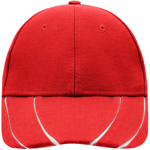 A red 6 Panel Groove Cap with white detailing and an adjustable strap at the back. Features a branding logo.