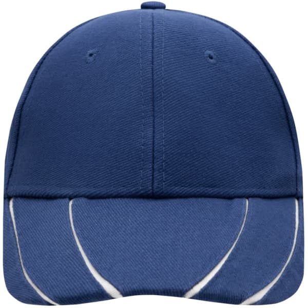 A blue 6-panel groove cap with a curved brim and contrasting white stitching. The cap features a logo.