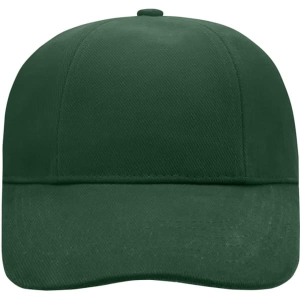 A green, six-panel cap with a laminated finish, featuring a front section for logo placement.