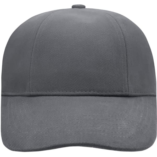 A grey six-panel cap with a flat brim and a logo on the front. The fabric appears laminated and smooth.