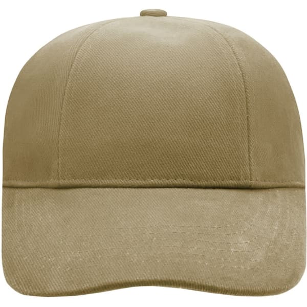 A khaki six-panel cap with a curved brim and a logo on the front. The fabric has a smooth, laminated finish.