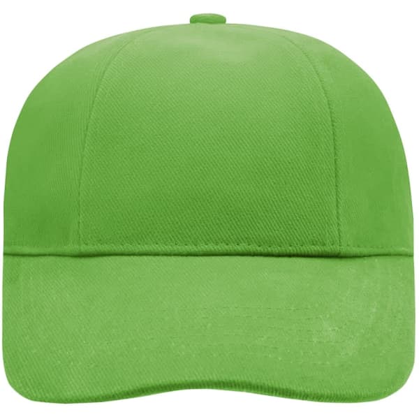 A green 6 panel cap with a solid design and a logo on the front. Ideal for promotional use.