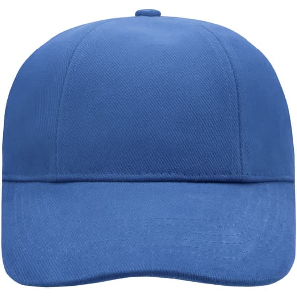 A blue six-panel cap with a laminate finish and an adjustable design. It features a logo on the front.